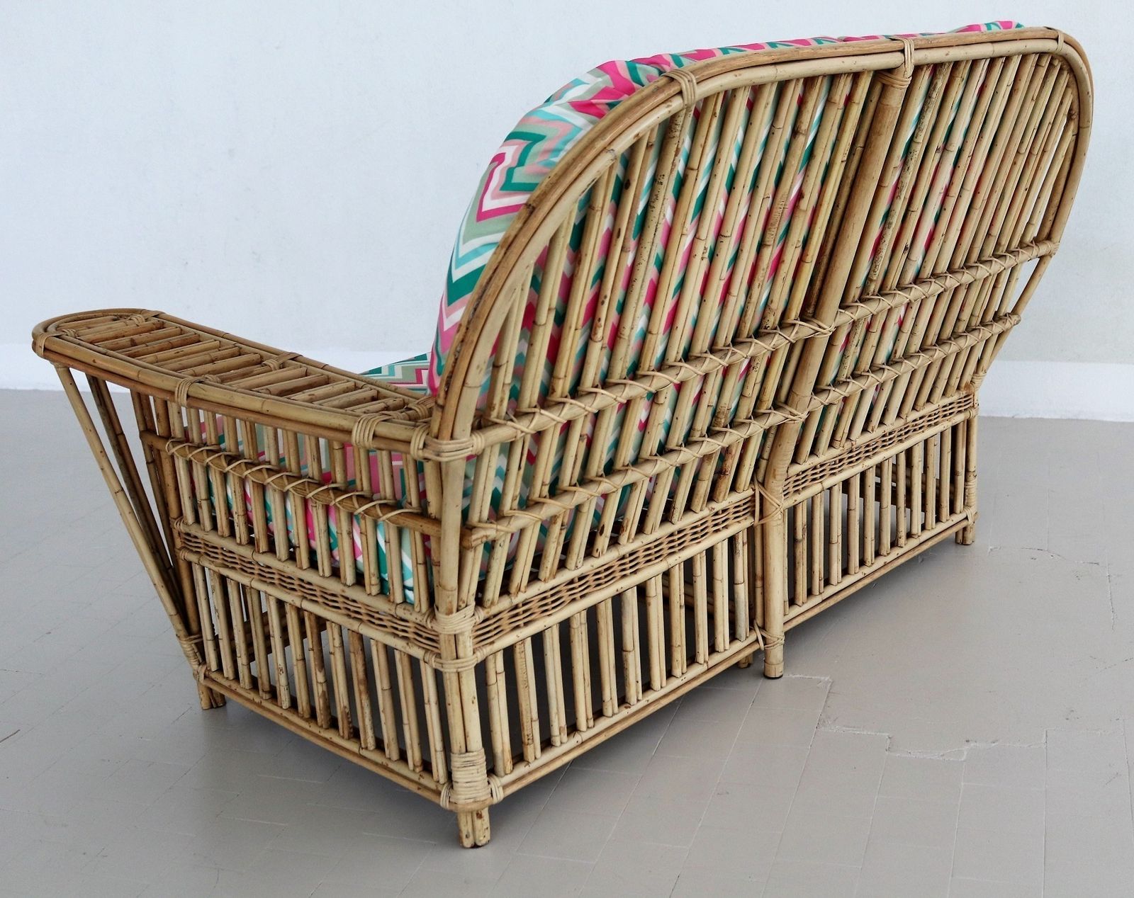 photo for sale Italian Mid Century Bamboo And Rattan Sofa With New Upholstery, 1980s