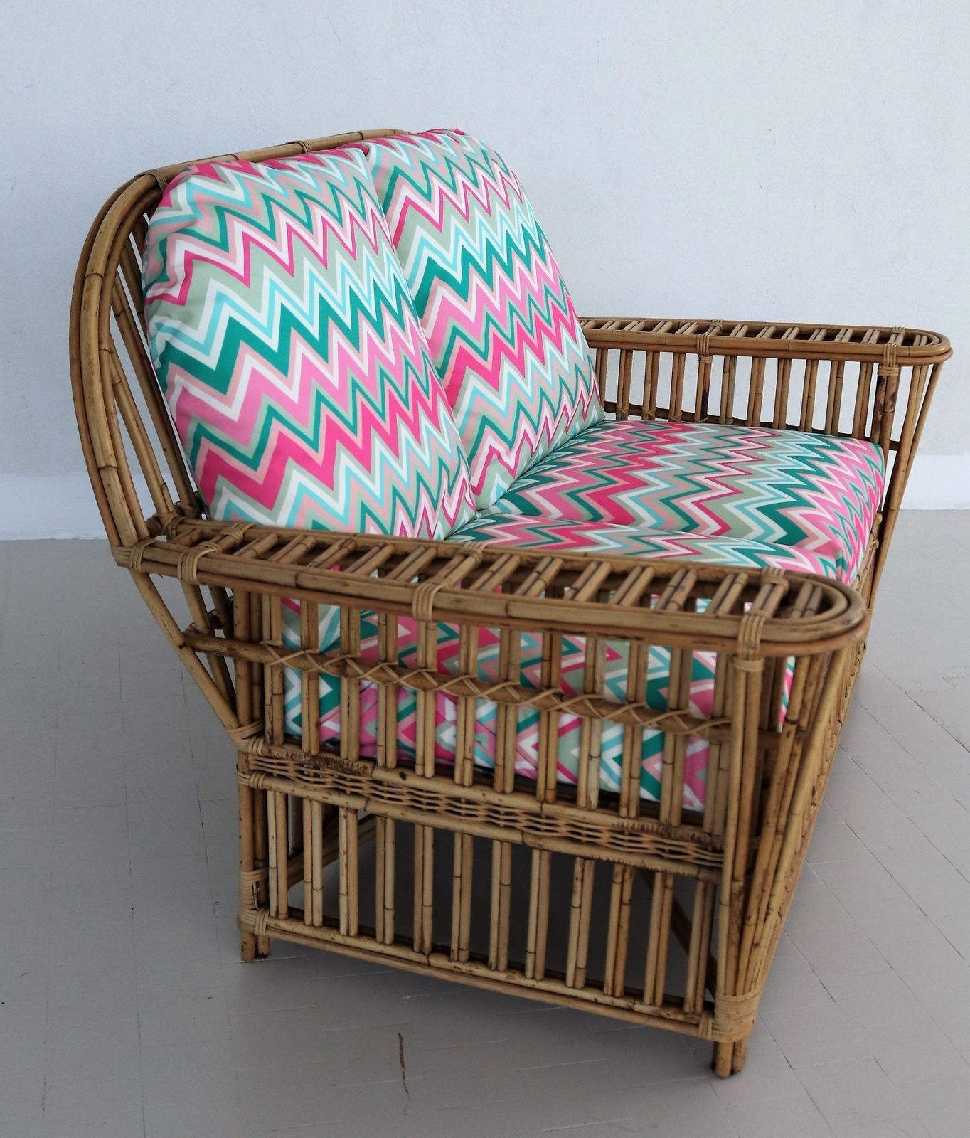 1215.2 Italian Mid Century Bamboo And Rattan Sofa With New Upholstery, 1980s photo