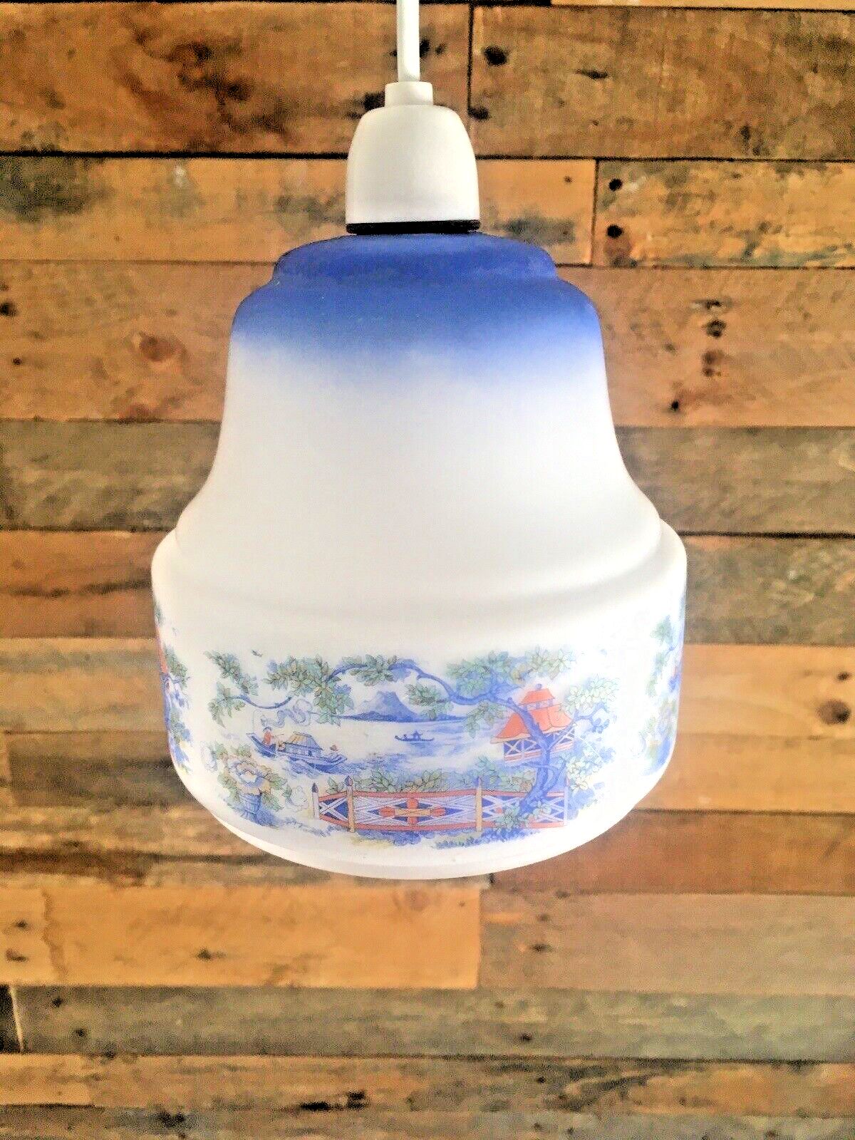 photo furniture Art Deco Oriental Boat Scene Glass Vintage Chinoiserie Ceiling Light Lamp Shade