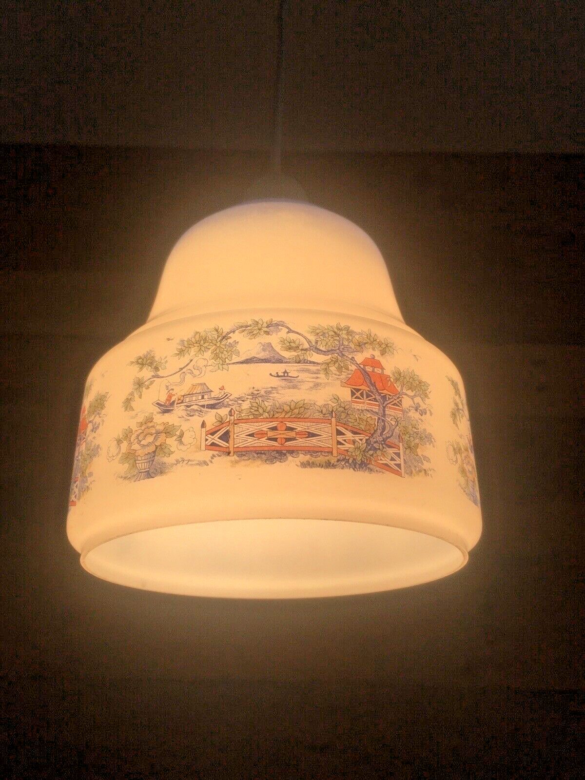 Lighting Art Deco Oriental Boat Scene Glass Vintage Chinoiserie Ceiling Light Lamp Shade photo