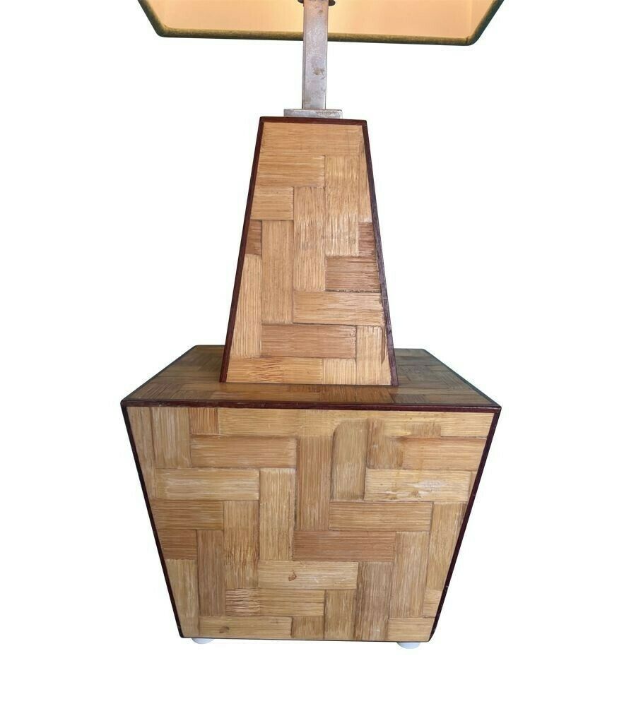An Interesting Shaped Italian 1970s Rattan Marquetry Lamp With New Bespoke Shade photo furniture