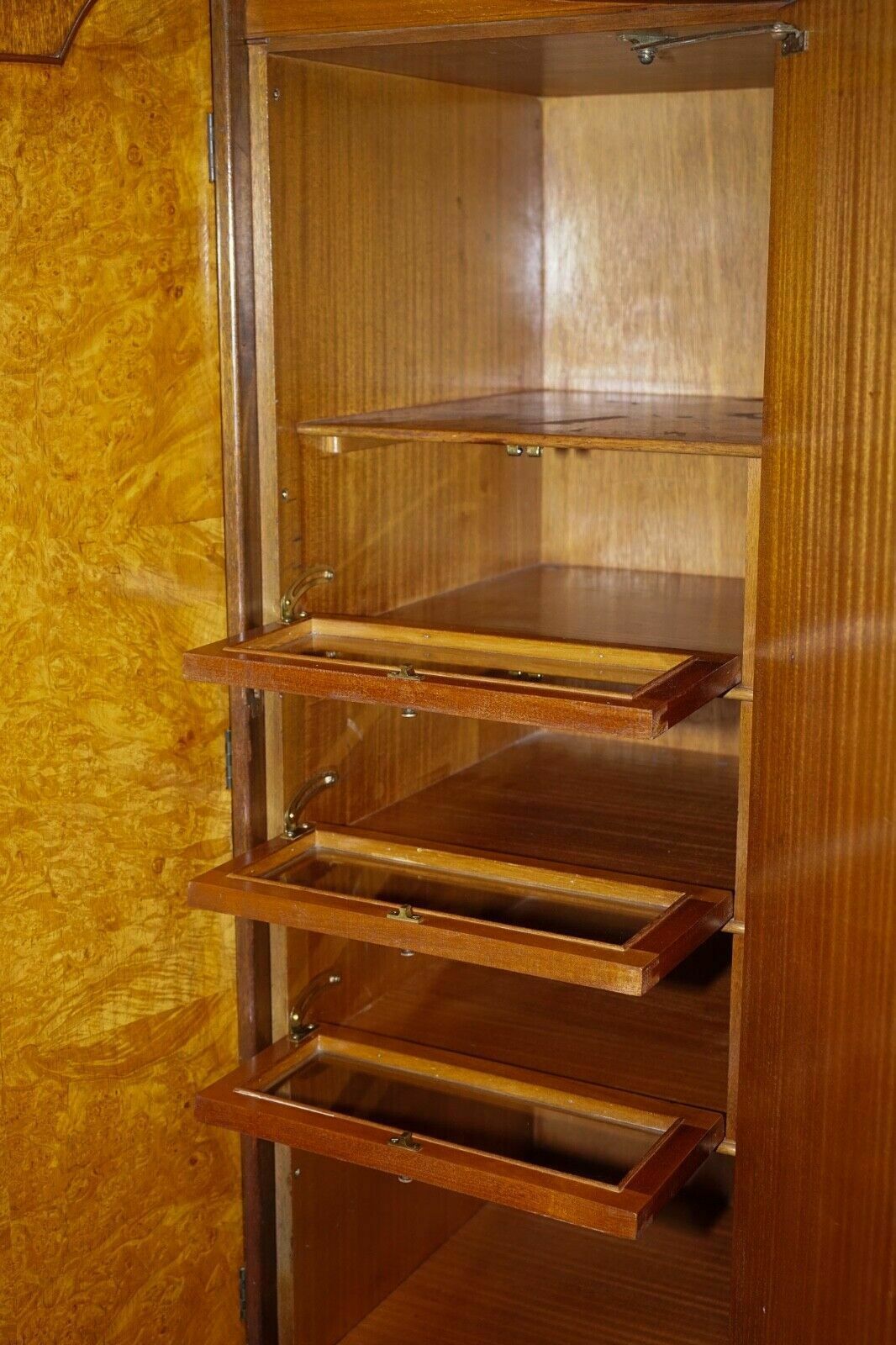photo buy Antique Distressed Burr Walnut Triple Wardrobe With Queen Anne Legs