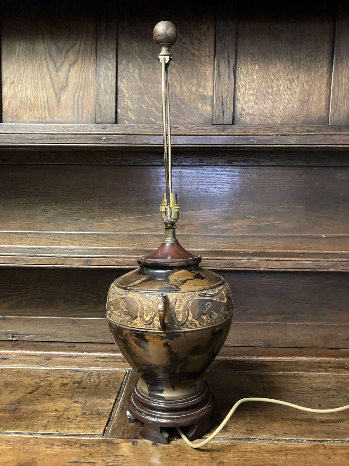 Vintage Bronzed Chinese Dragon Vase Lamp On Wood Stand photo Lighting