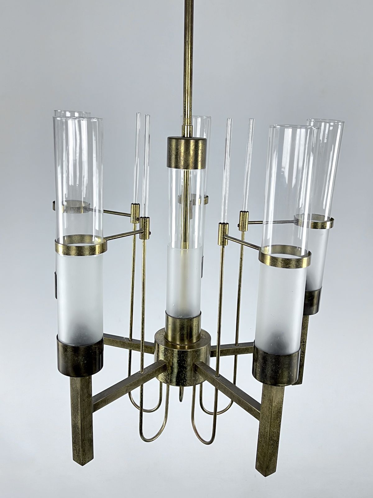 Sciolari, Five Arms Brass And Glass Tube Chandelier. Italy 1960s photo for sale