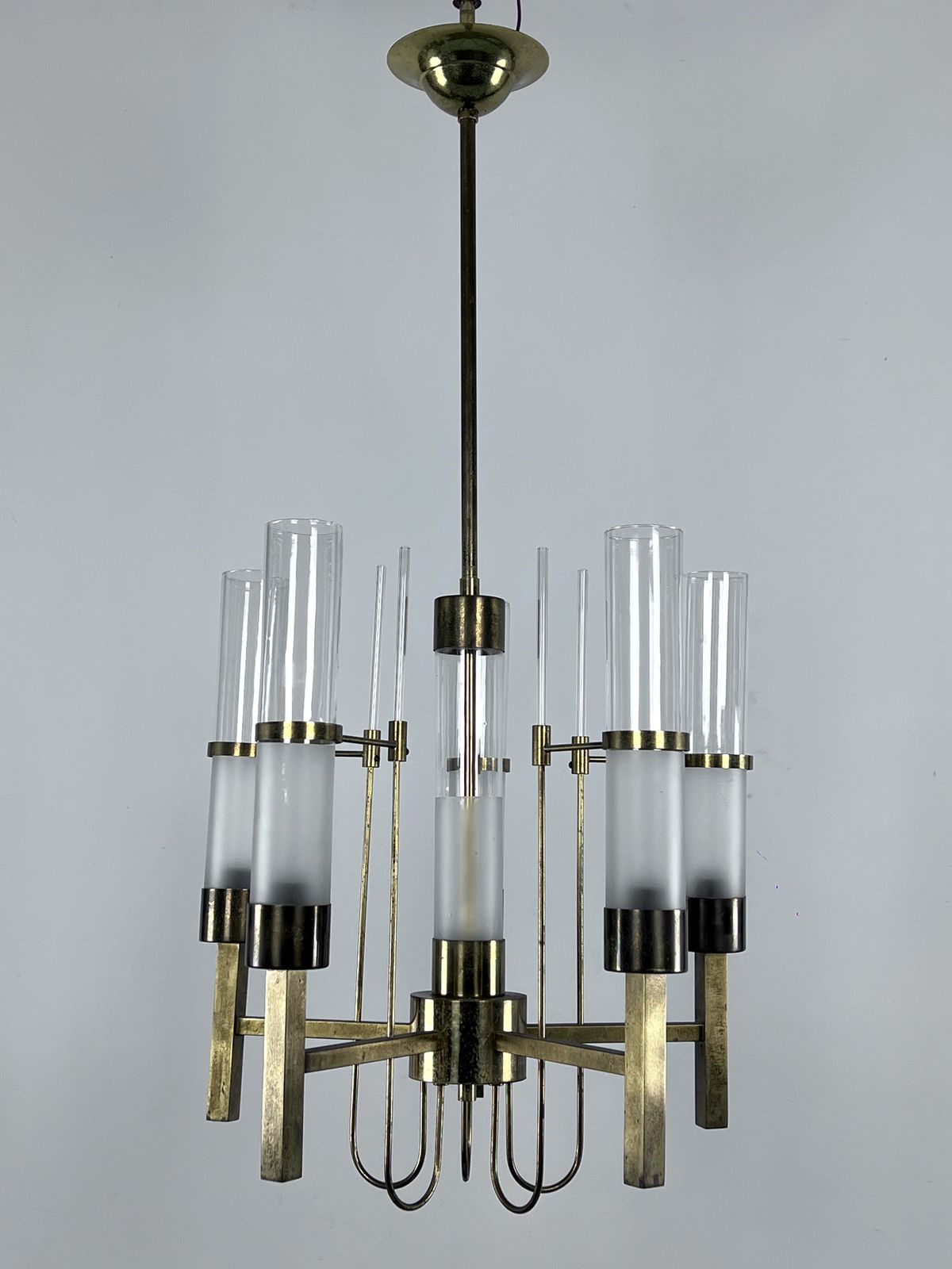 Sciolari, Five Arms Brass And Glass Tube Chandelier. Italy 1960s photo buy