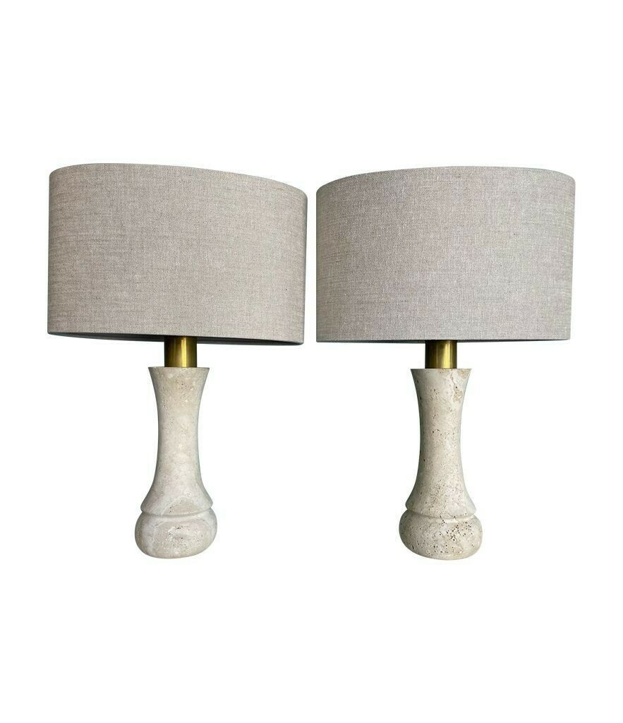 1650.0 A Pair Of 1970s Travertine And Brass Lamps By Fratelli Mannelli With Bespoke Linen Shades photo