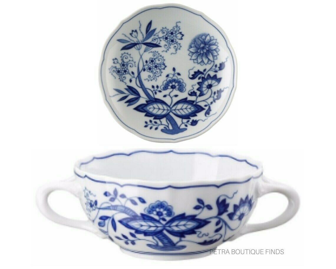6x Blauw Uienpatroon Soepset | Crèmesoepkop Met Schotel | Hutschenreuther