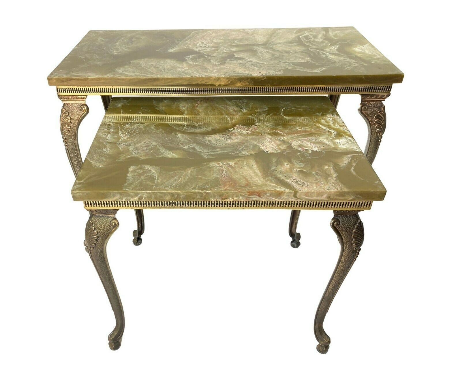 Stapelbare Bijzettafels Met Marmerlook | Set Van 2 | Messing En Groene Bladen | Queen Anne Poten | Ca. Jaren 1950 photo furniture