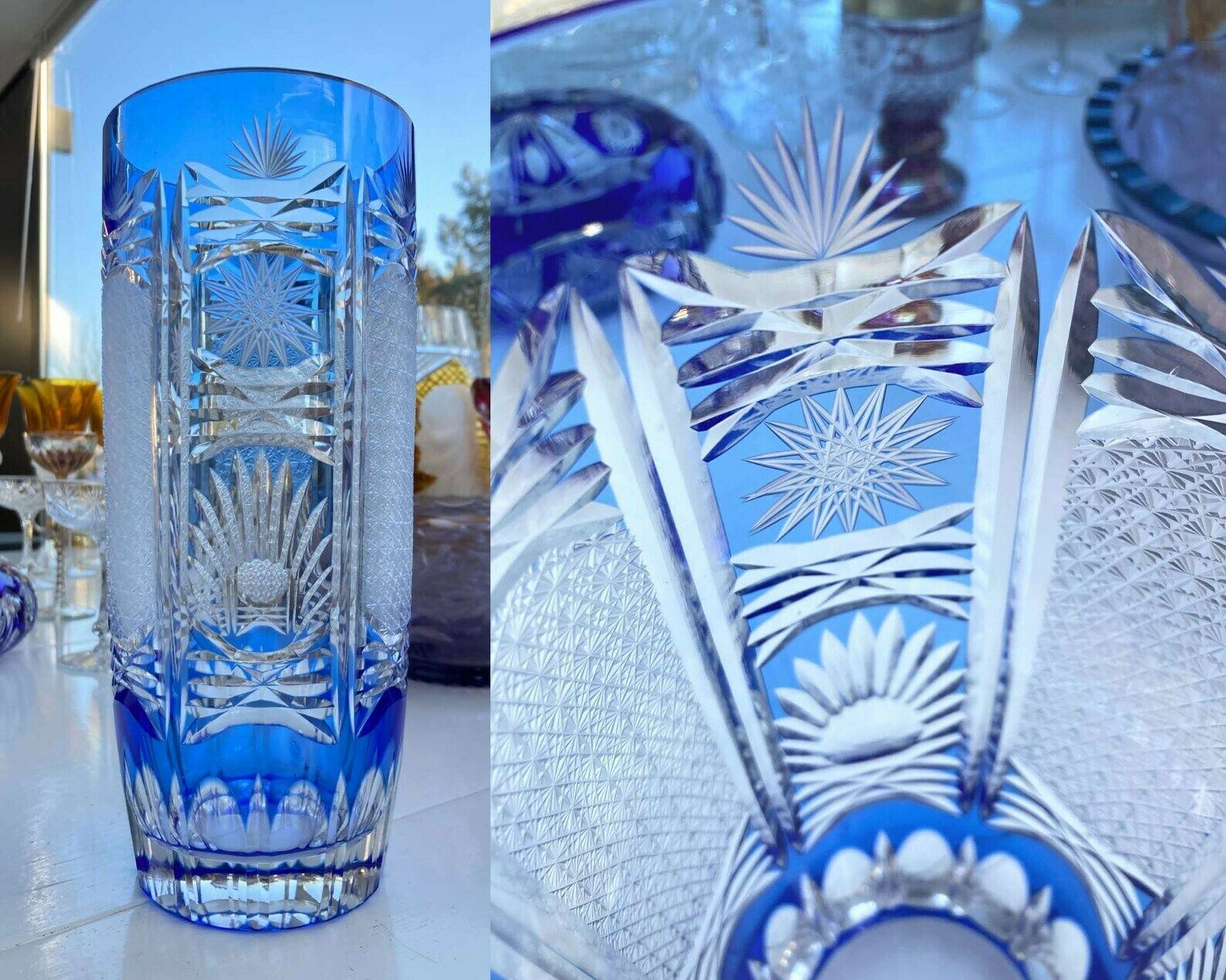 Aquamarine Crystal Vase | Light Blue Bowl | Color Overlay | Bohemian Cut Crystal photo for sale