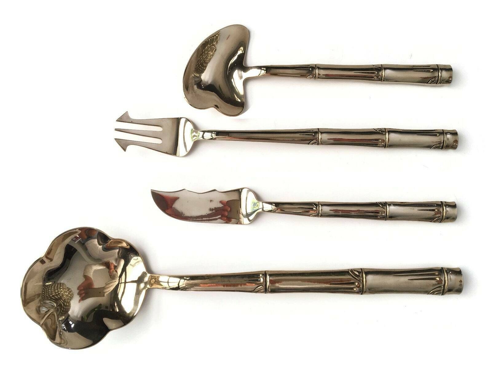 Messing Serveergerei | 4 Delig | Massief Messing | Bamboe Bestek | Handgemaakt
