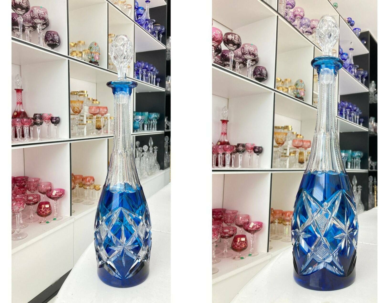 Kristallen Likeurkaraf In Petroleumkleur | Val Saint Lambert, Baccarat, Saint Louis | Ca. Jaren 1940 photo vinterior