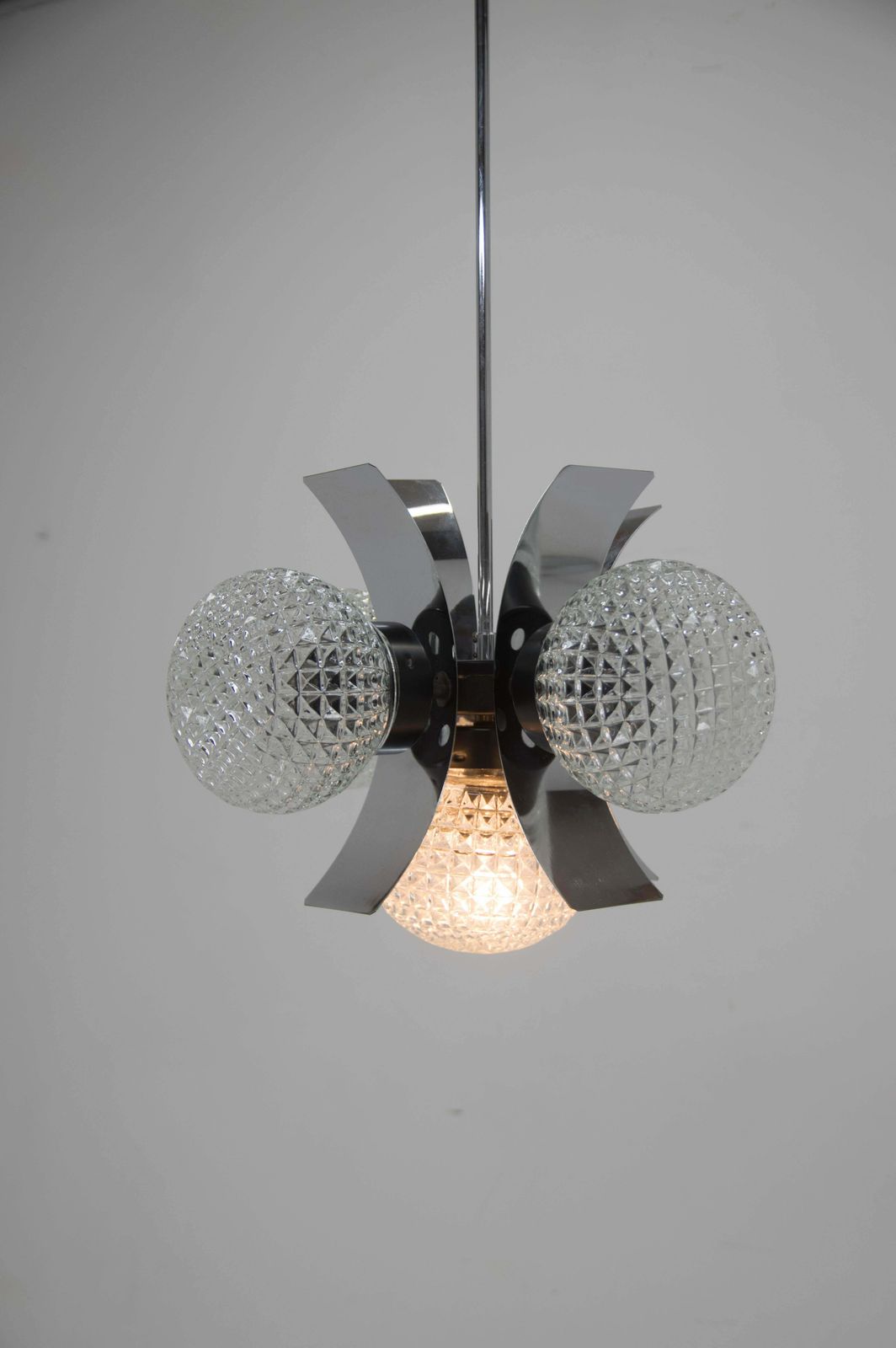 Mid Century Chrome & Glass Chandelier, Czechoslovakia, 1970s photo Lighting