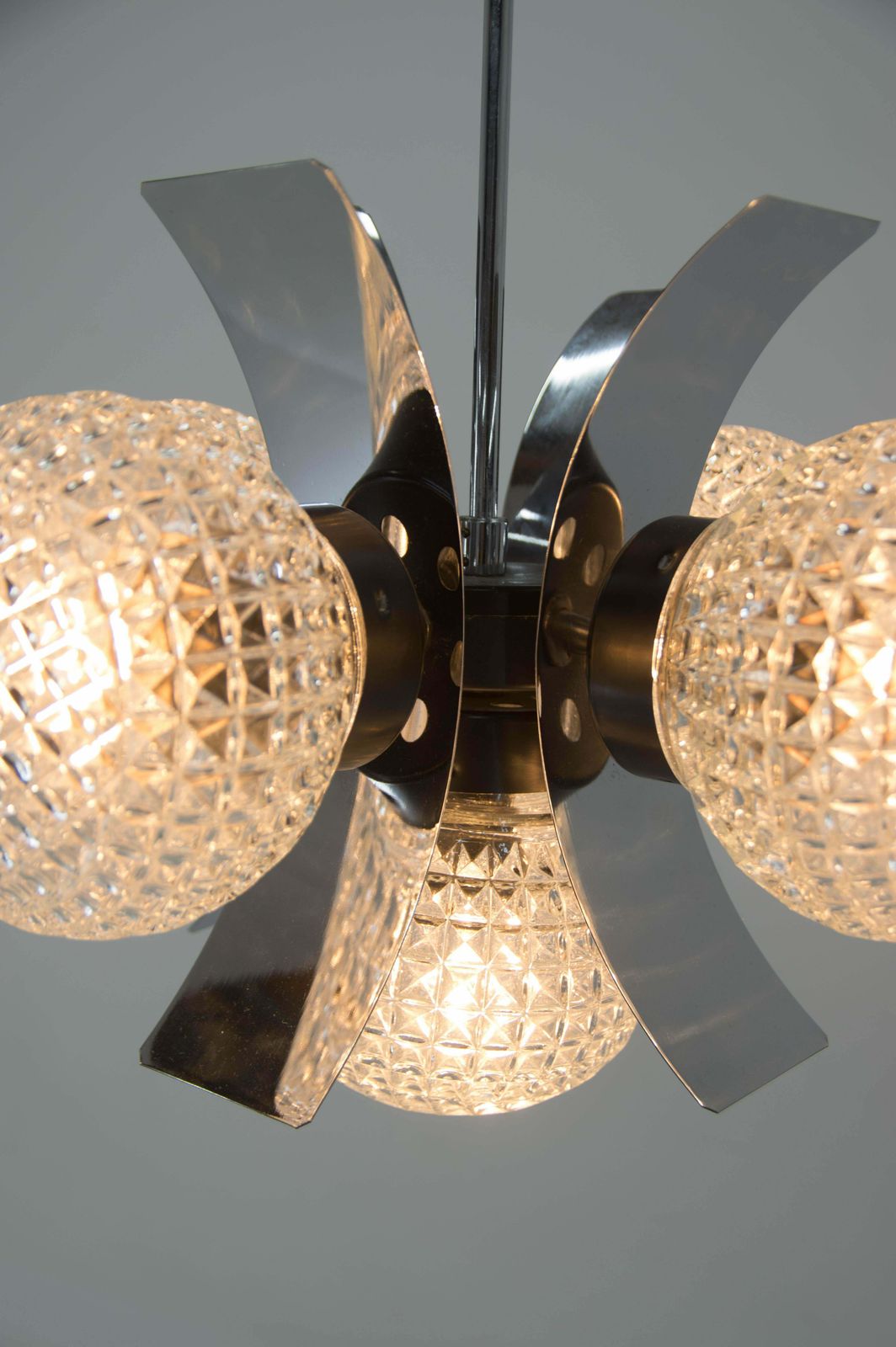 photo furniture Mid Century Chrome & Glass Chandelier, Czechoslovakia, 1970s