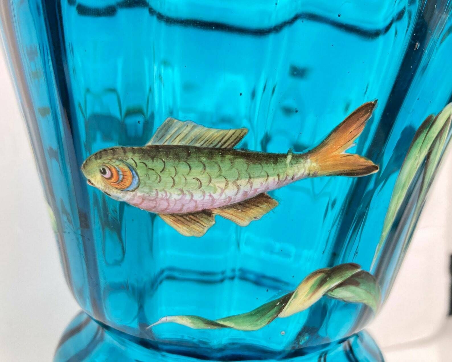 Antique Blue Glass Vase | Enamelled With Painted Fish | Harach Ca 1910 photo furniture