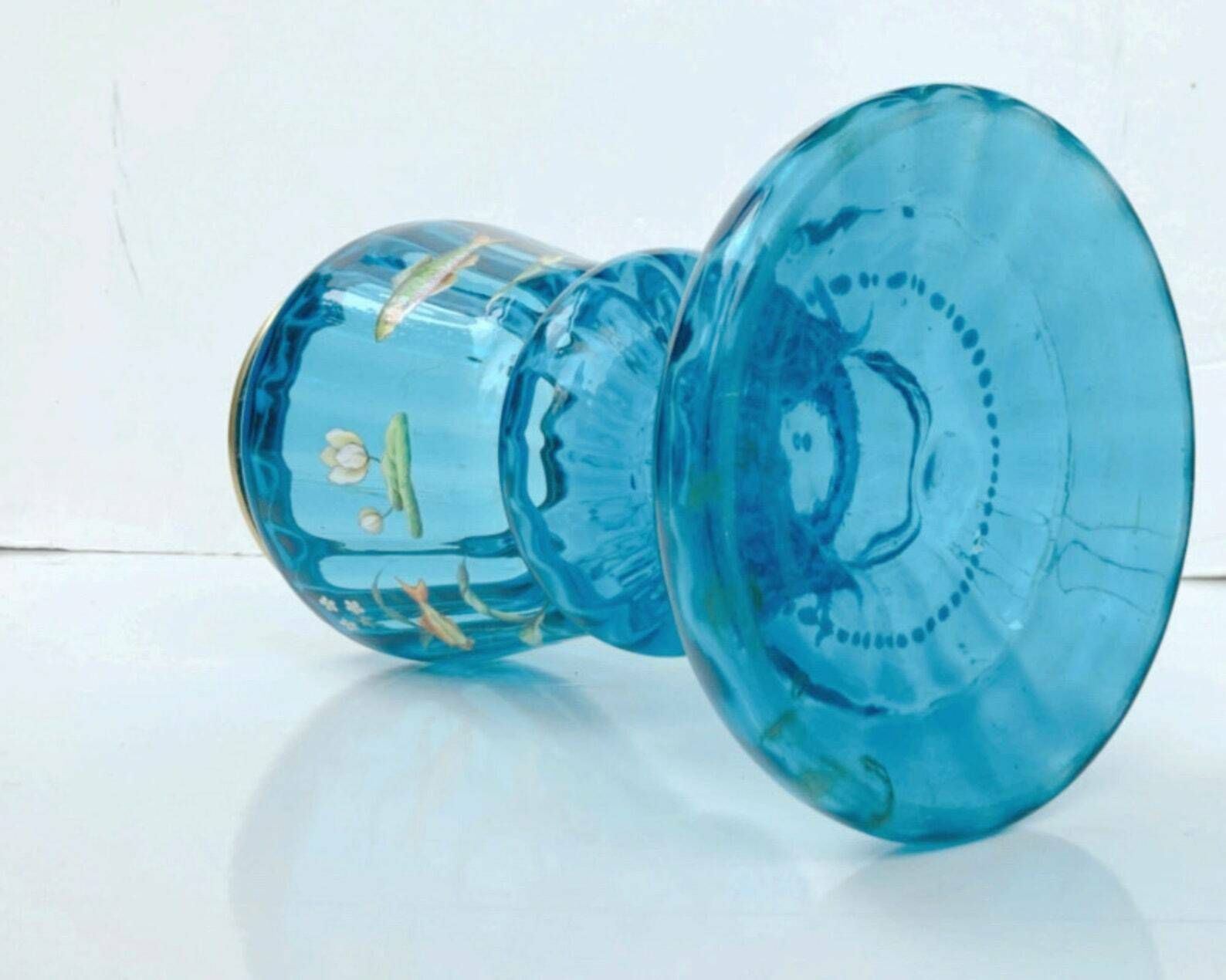 Antique Blue Glass Vase | Enamelled With Painted Fish | Harach Ca 1910 photo Home Decor