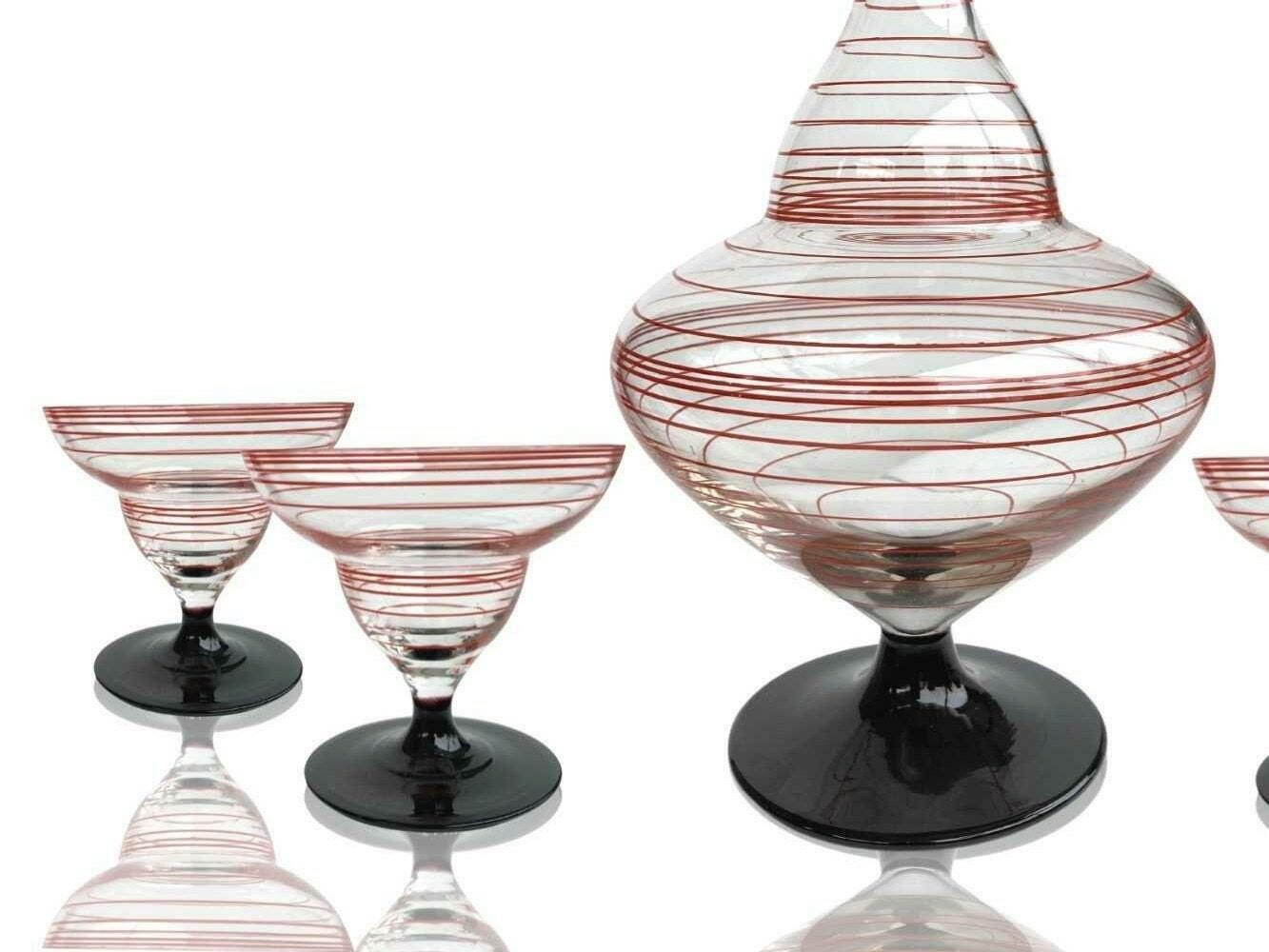 Art Deco Karafelset | Bimini Werkstatte | 4 Delig | Rood En Zwart | Cirkelpatroon | Art Glass | Jaren 1930 photo furniture