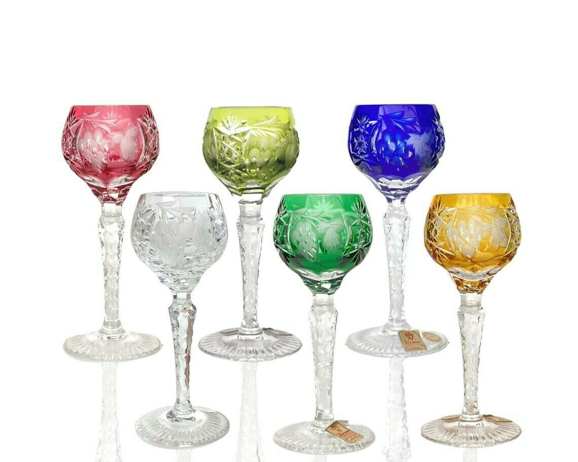 6x Nachtmann Traube Cordial Glasses | Color Overlay | Cut Crystal | 70s