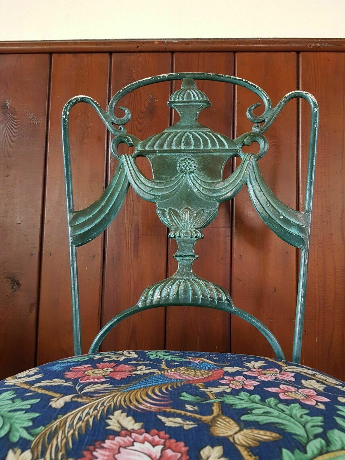 Superb Set Of Four French Mid Century Green Painted Upholstered Iron Chairs photo buy