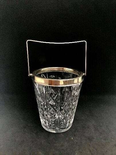 Ice Bucket With Handle Mid Century Mixology Tools Crystal Ice Bucket, 50s   60s . Cut Heavy Crystal With Stainless Steel Metal, photo for sale