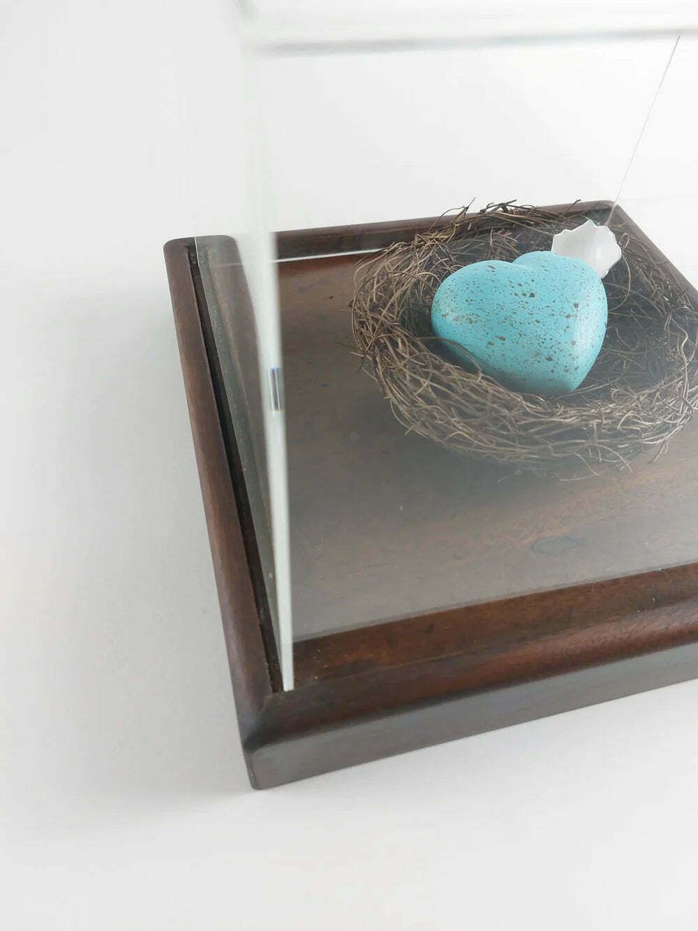 This Bird Has Flown  Hand Painted Ceramic Shell Heart With Natural Material Nest And Oak Base photo for sale