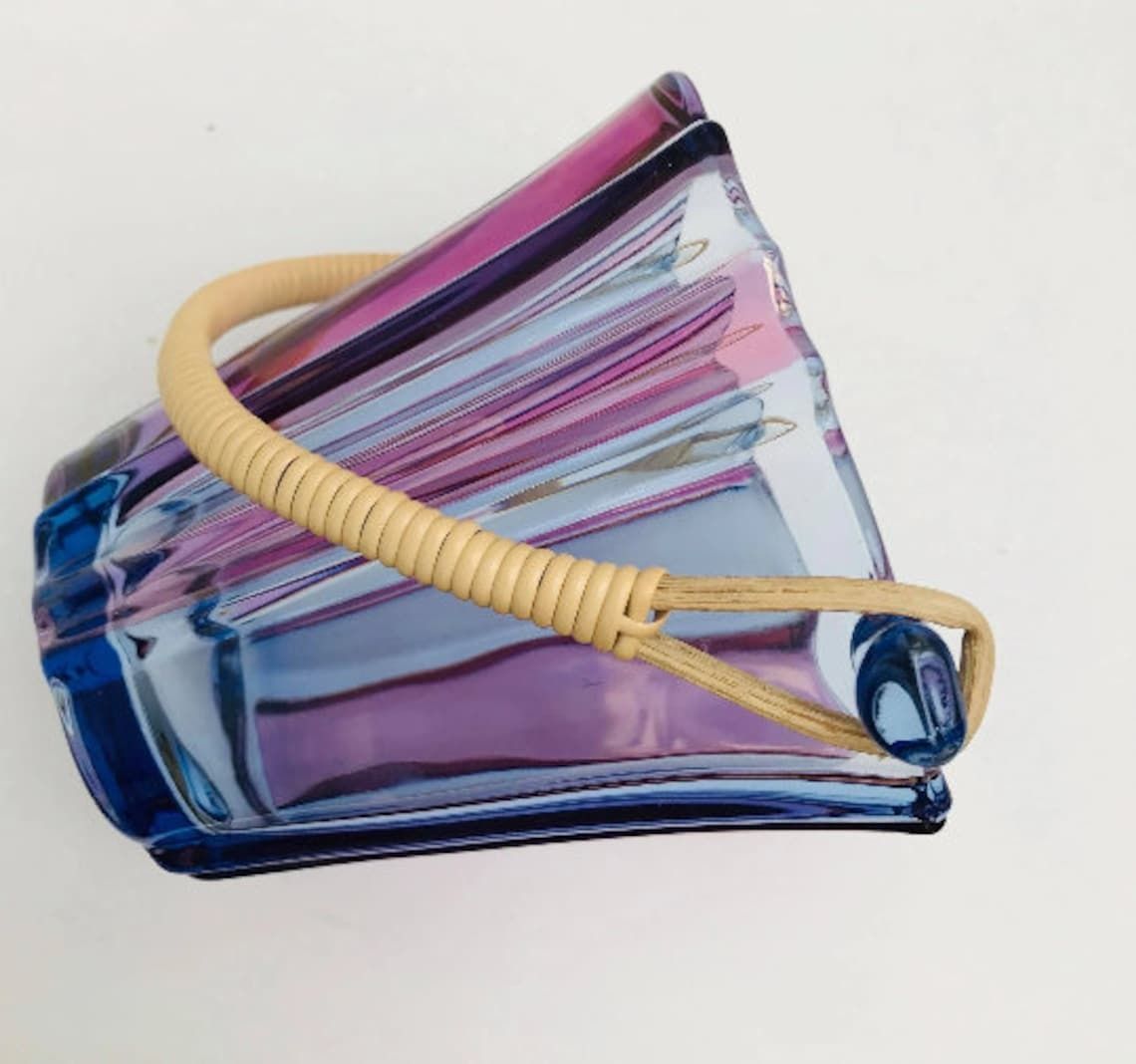 Vintage Glass Ice Bucket Purple Blue Pink Glass With Scoubidou Handle Mid Century Barware Bar Cart Decor Styling Photography Prop Gift photo furniture