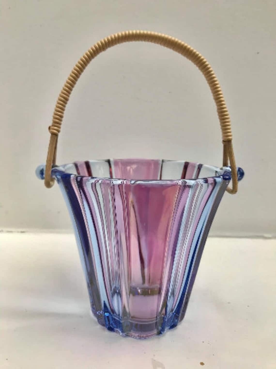 Vintage Glass Ice Bucket Purple Blue Pink Glass With Scoubidou Handle Mid Century Barware Bar Cart Decor Styling Photography Prop Gift photo vintage