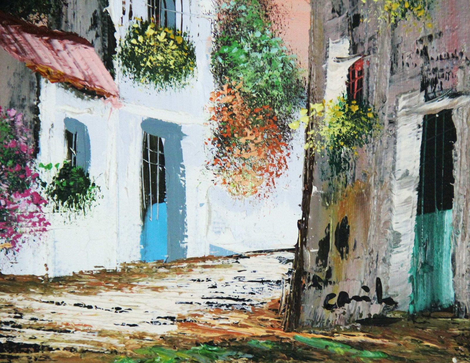 Painting Of A Street In A Typical Spanish Village. photo vintage