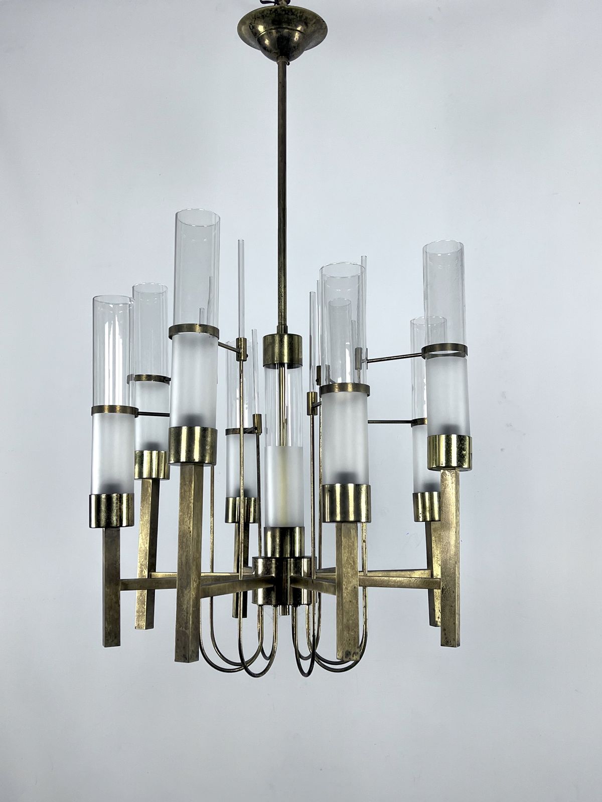 Sciolari, Eight Arms Brass And Glass Tube Chandelier. Italy 1960s photo furniture