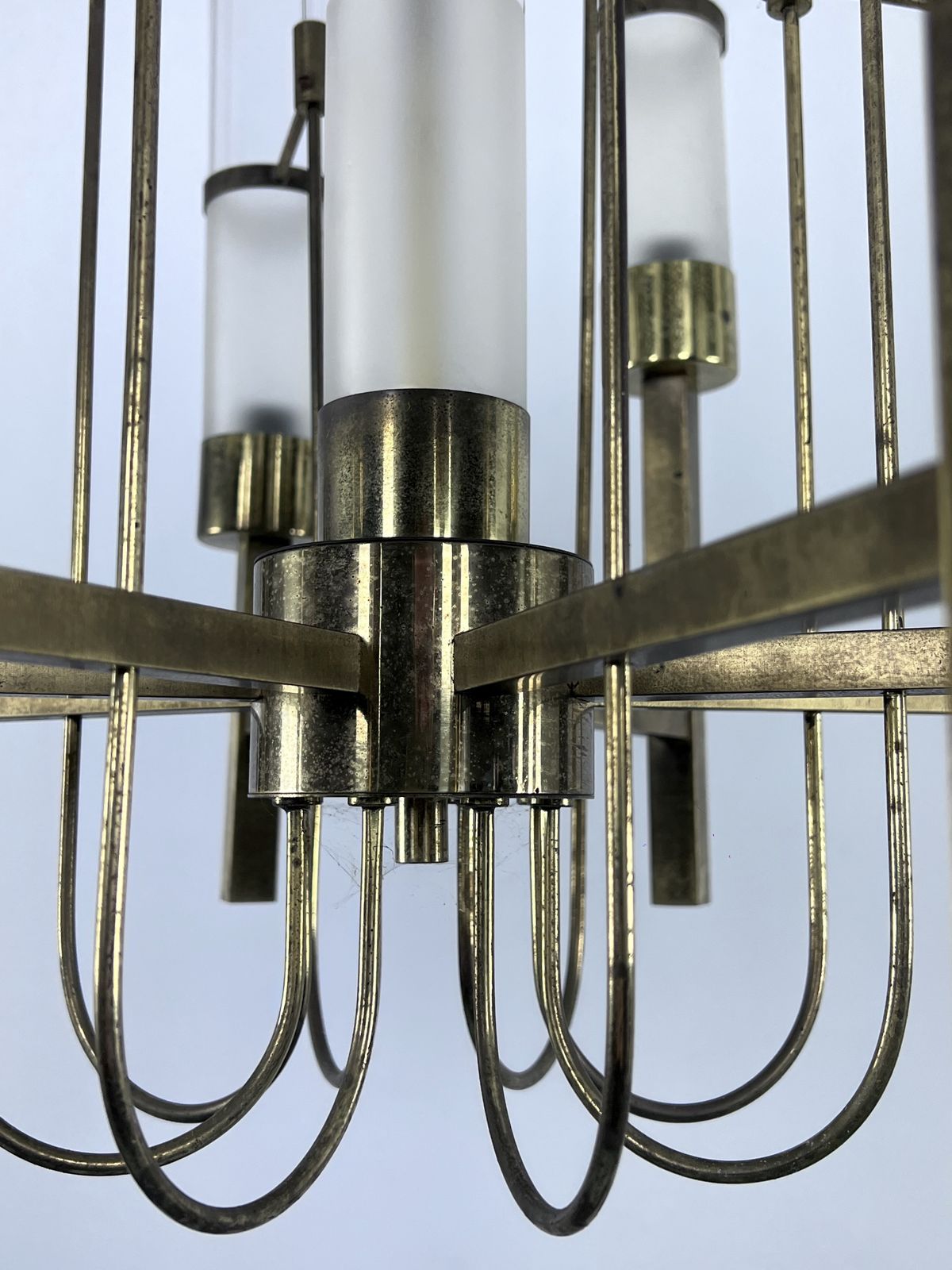 Sciolari, Eight Arms Brass And Glass Tube Chandelier. Italy 1960s photo Lighting