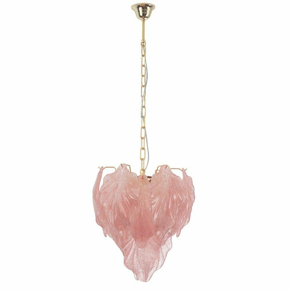 Pink Suspension Chandelier With Murano Glass Leaves, Italy, 1990s