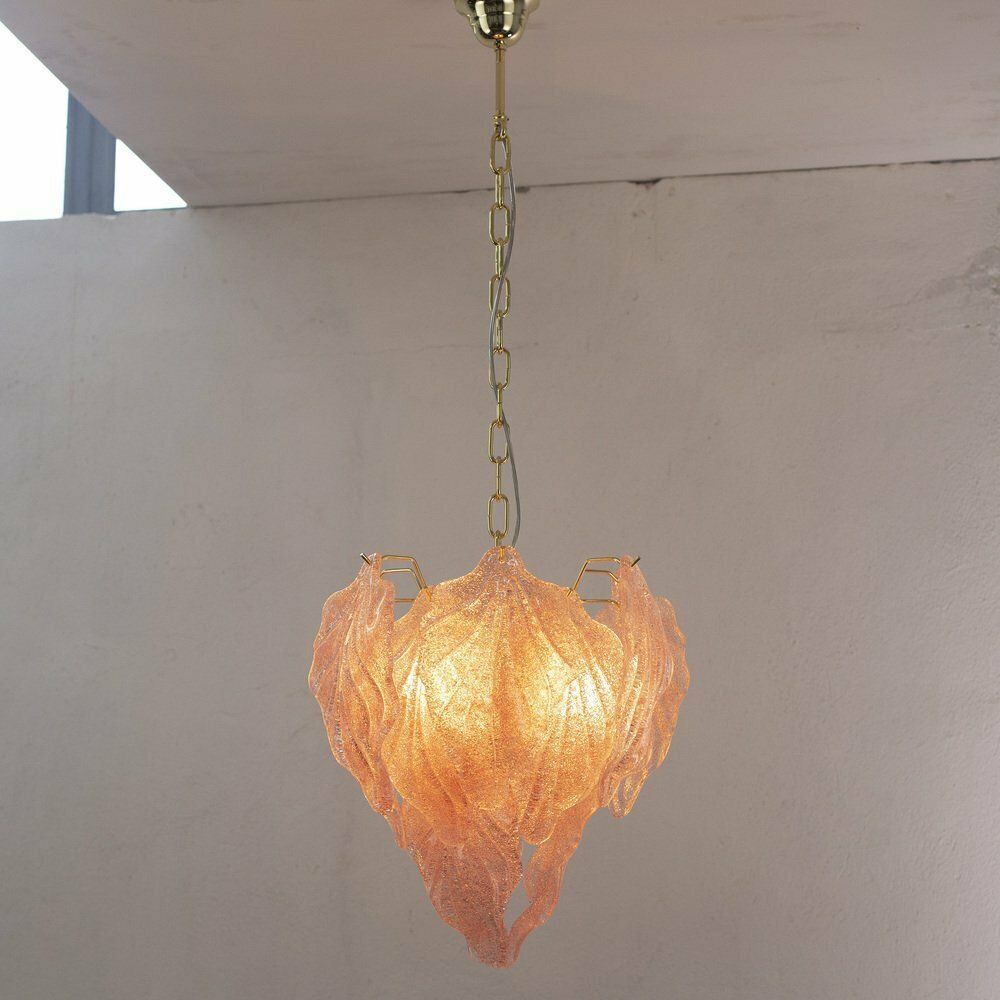 Pink Suspension Chandelier With Murano Glass Leaves, Italy, 1990s photo for sale