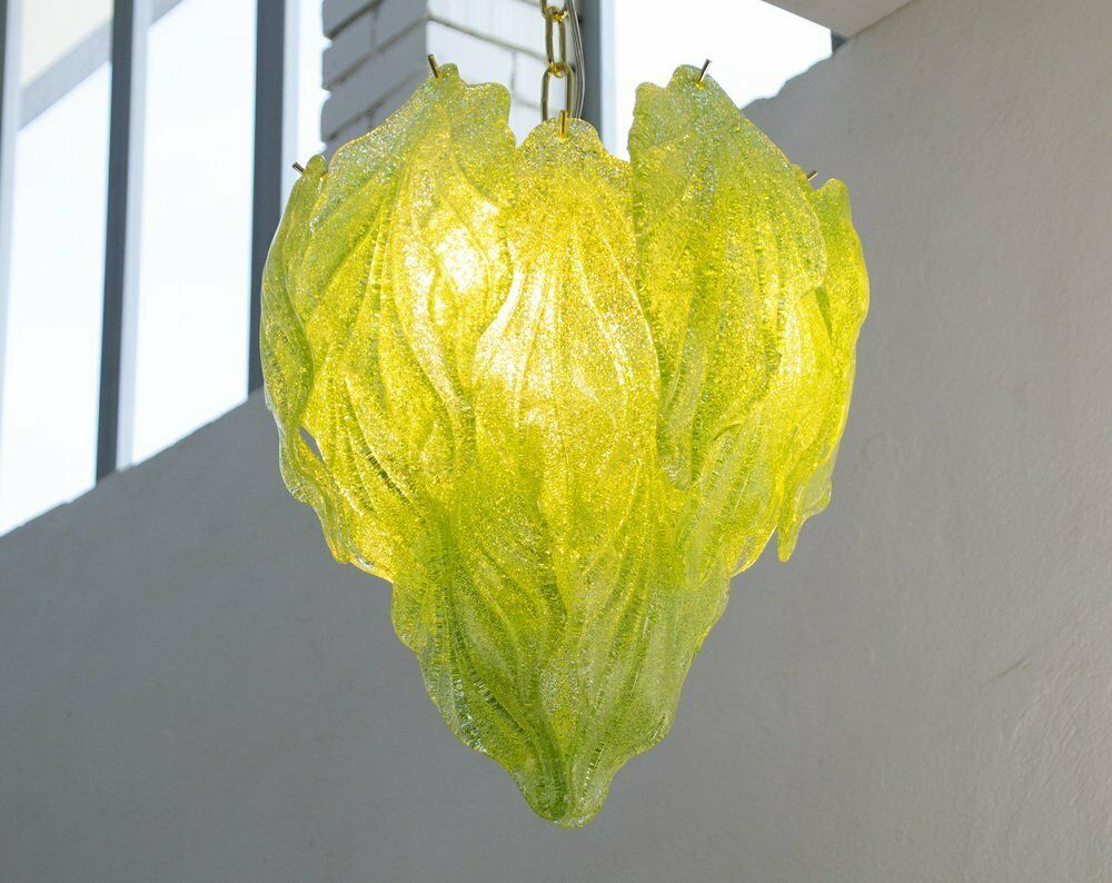 Italian Murano Glass Light Green Pendant Light With Leaves, 1990s photo 1107.0