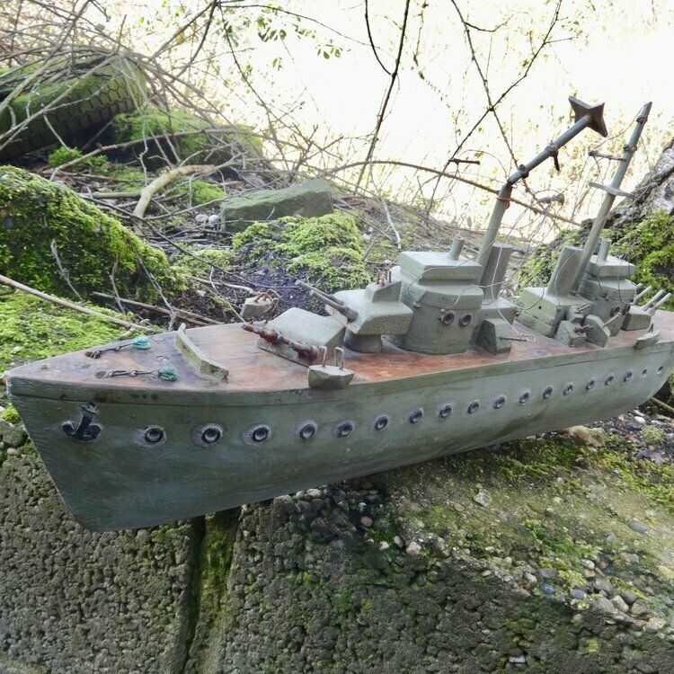 Vintage Folk Art Painted Wood Battleship Ww 2