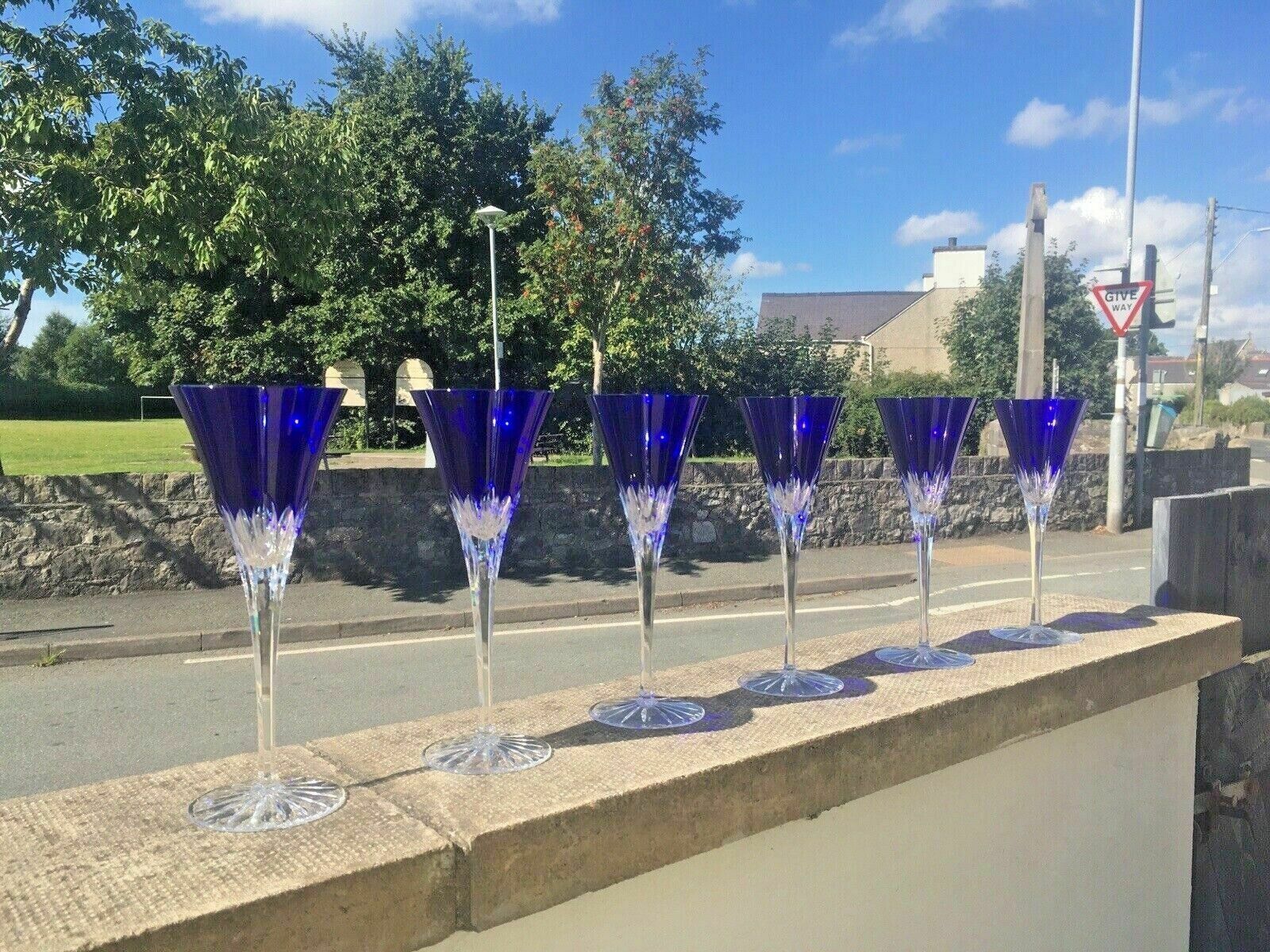 Quality Set Of 6 Ajka Castille Lead Crystal Blue Cut Glass Champagne Flutes Wine photo furniture
