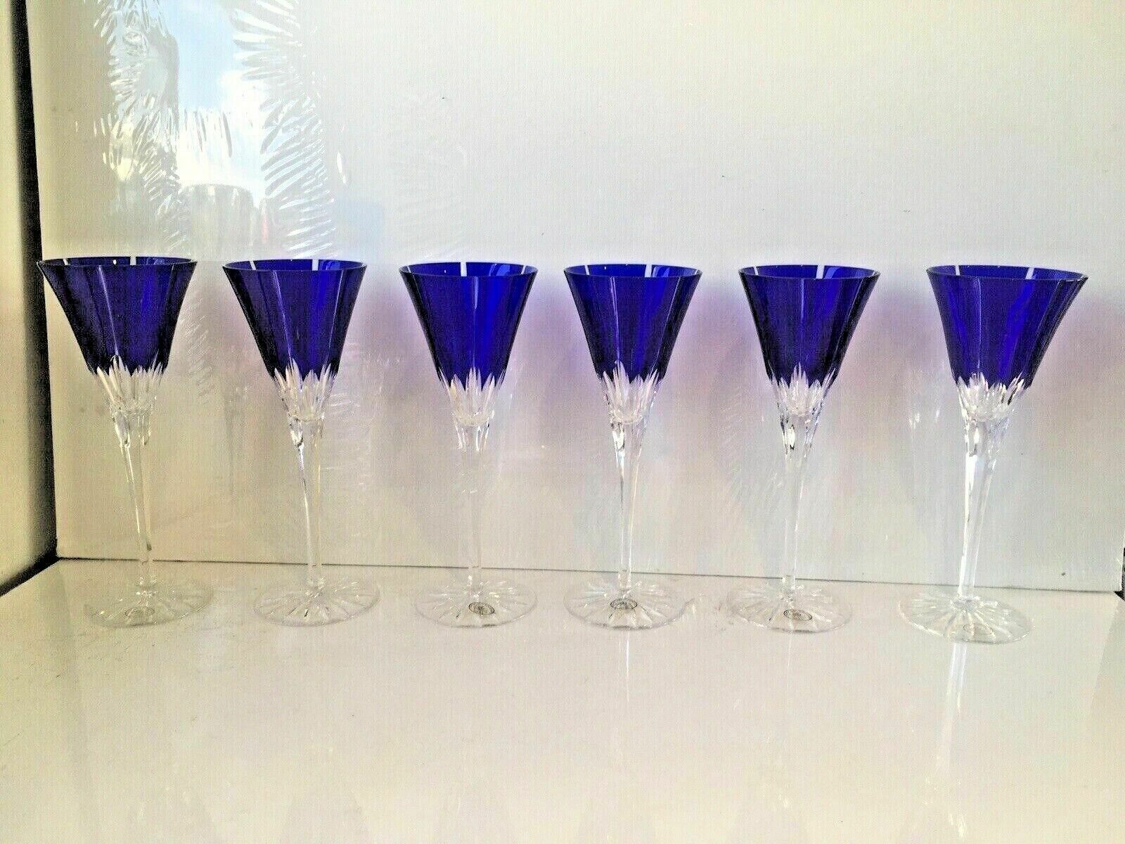 Quality Set Of 6 Ajka Castille Lead Crystal Blue Cut Glass Champagne Flutes Wine photo buy