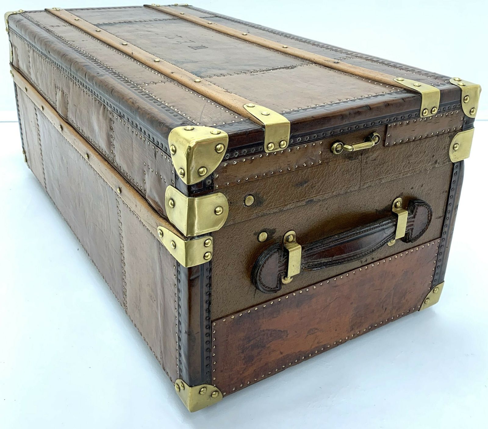 Steamer Travel Trunk   Leather With Beechwood Banding photo for sale