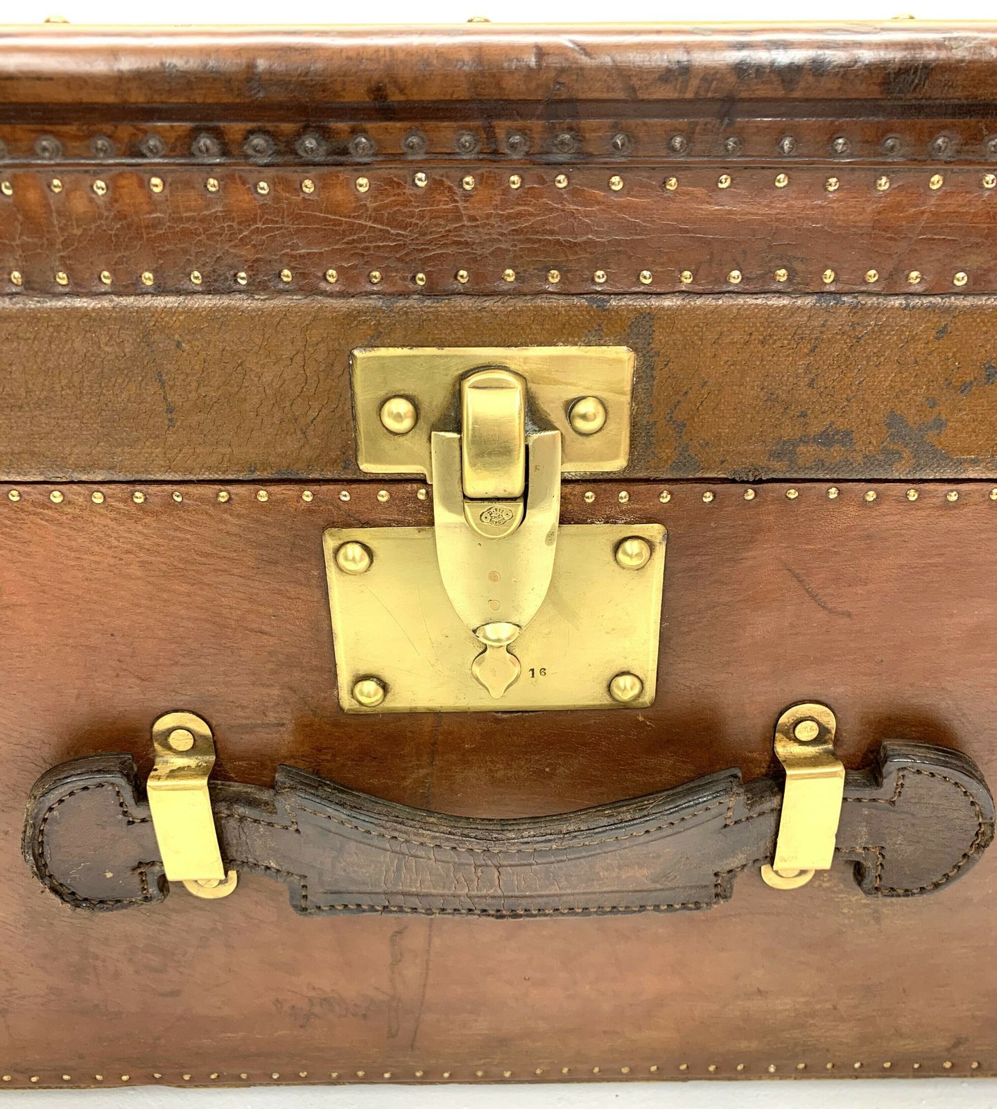 photo vintage Steamer Travel Trunk   Leather With Beechwood Banding