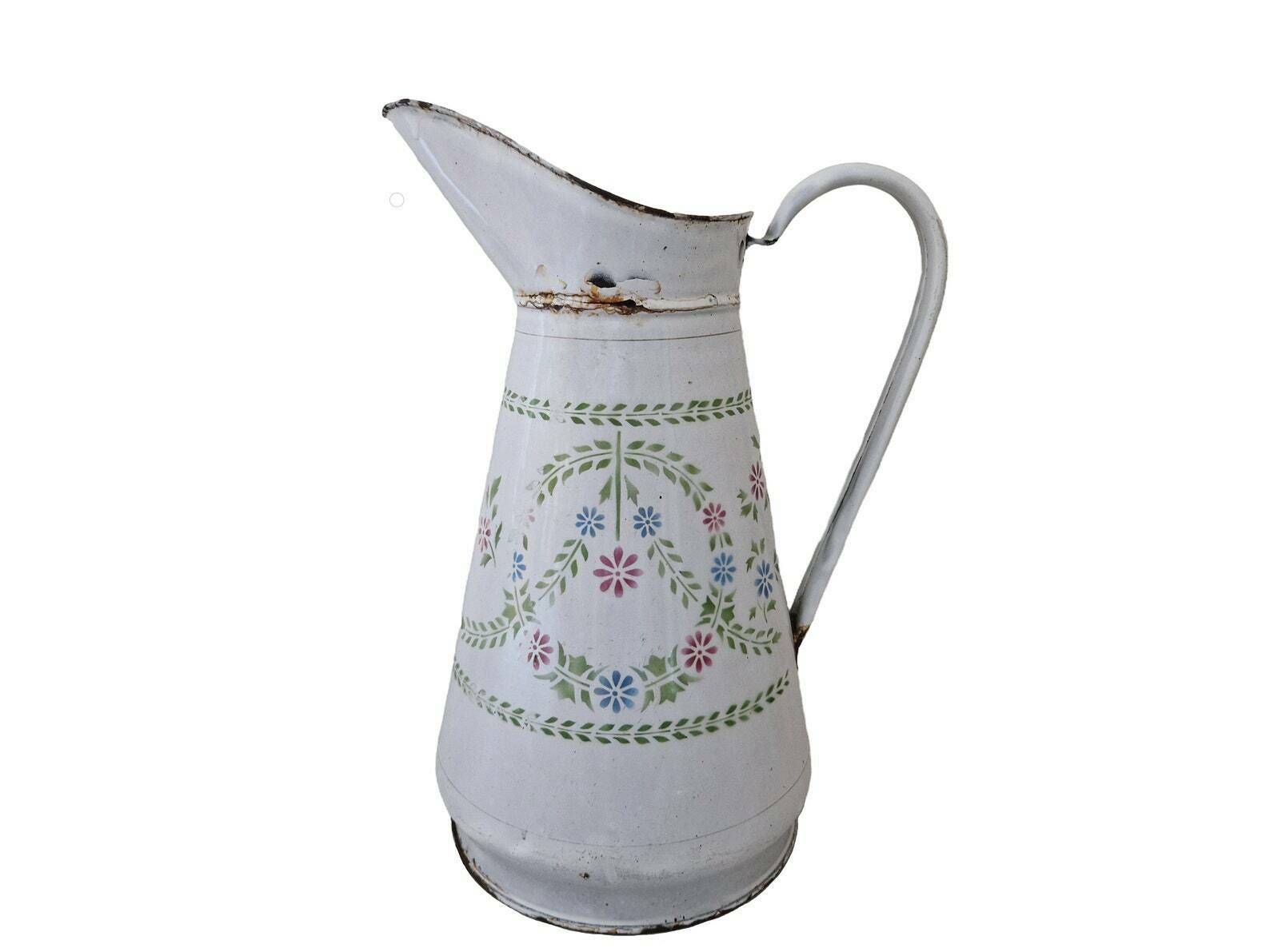 Shabby French Enamel Watering Can With Stenciled Folk Wild Flowers, Enamelware Water Pitcher, Gardening Gift