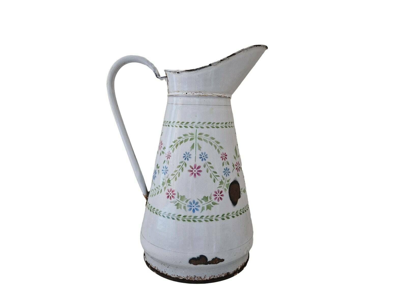 Shabby French Enamel Watering Can With Stenciled Folk Wild Flowers, Enamelware Water Pitcher, Gardening Gift photo for sale