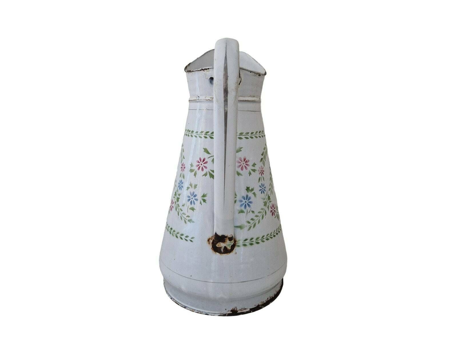 Shabby French Enamel Watering Can With Stenciled Folk Wild Flowers, Enamelware Water Pitcher, Gardening Gift photo Home Decor