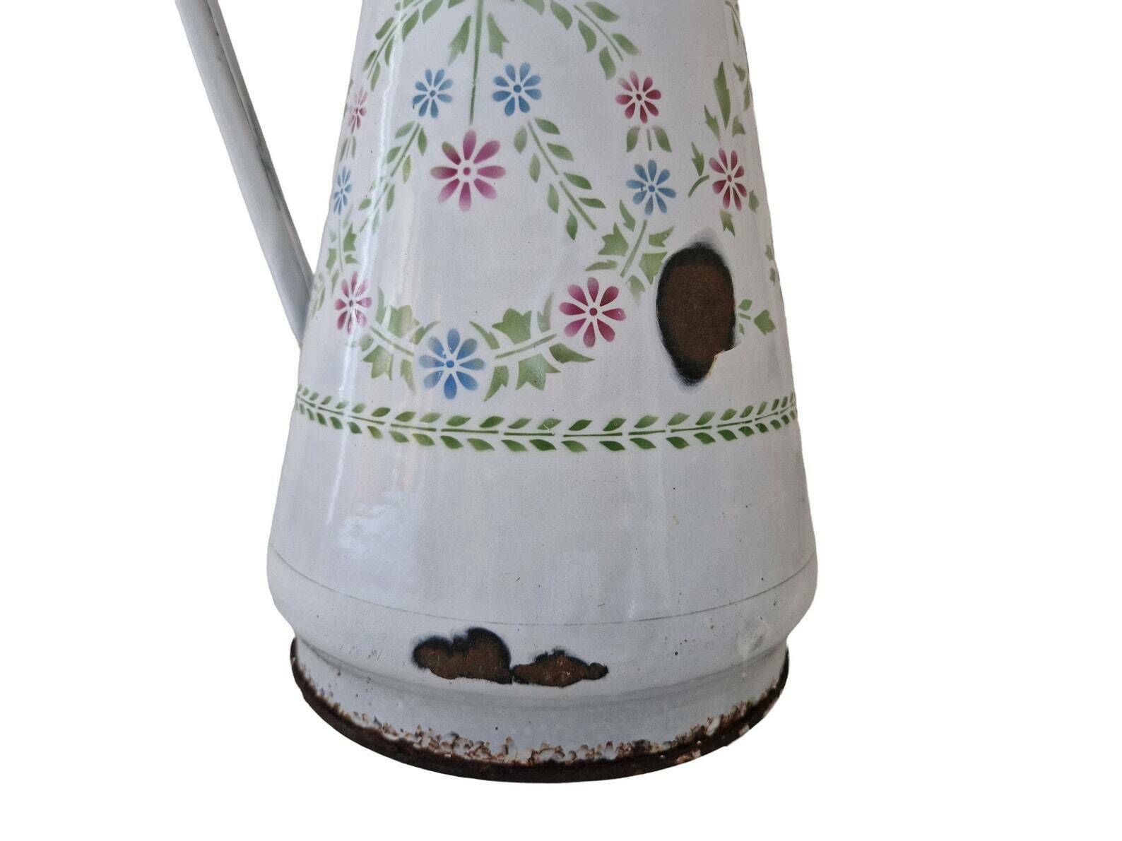 Shabby French Enamel Watering Can With Stenciled Folk Wild Flowers, Enamelware Water Pitcher, Gardening Gift photo vinterior