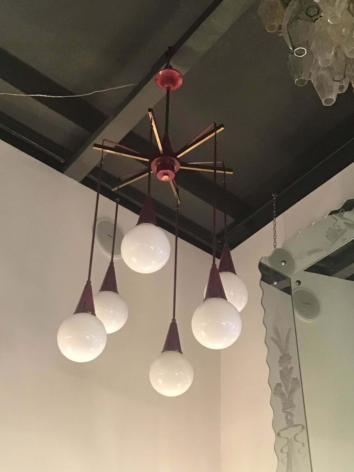 Stilnovo Chandelier Brass Metal Glass 1950 Italy photo Lighting