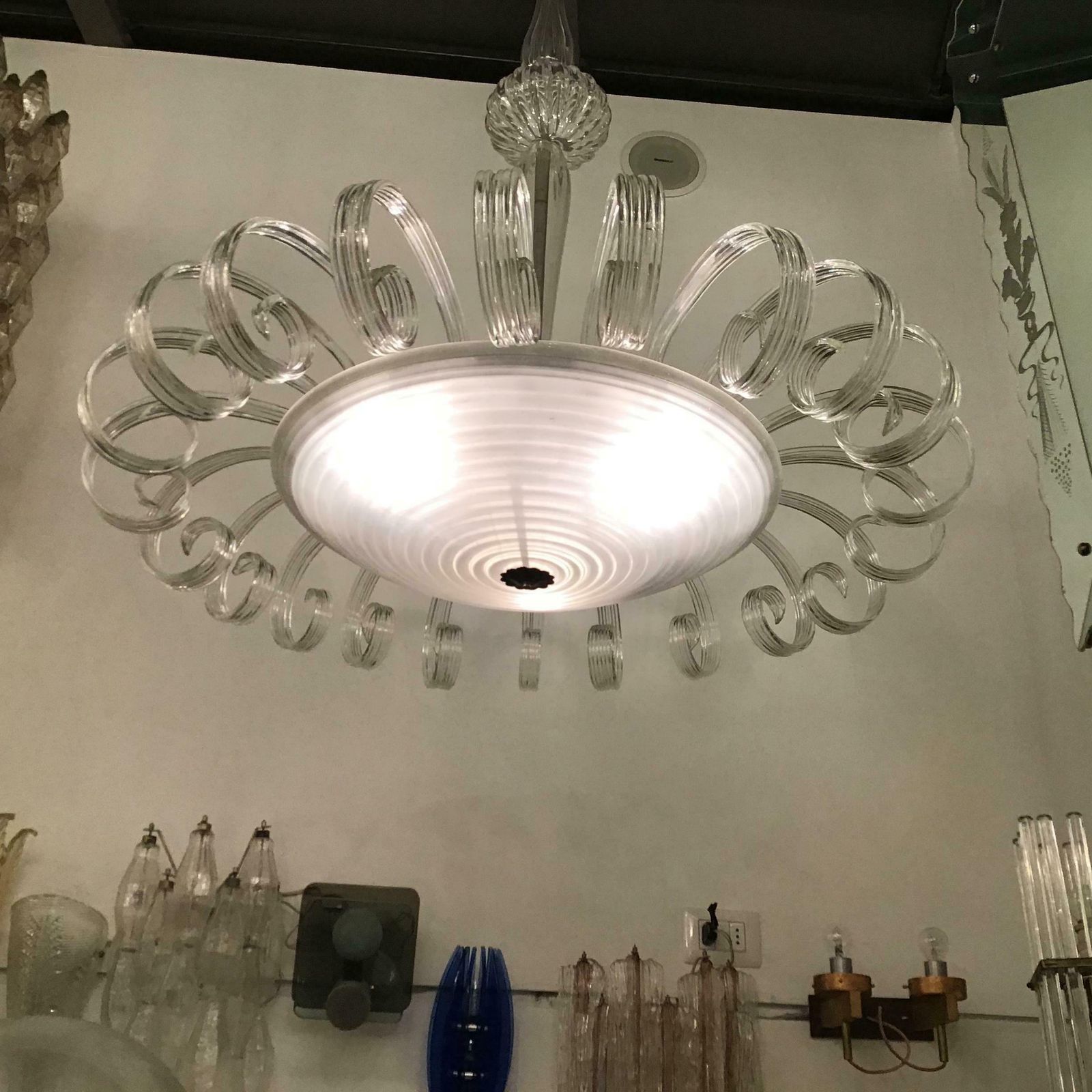 Venini Chandelier Murano Glass 1930 Iron Structure And Wood Italia photo for sale