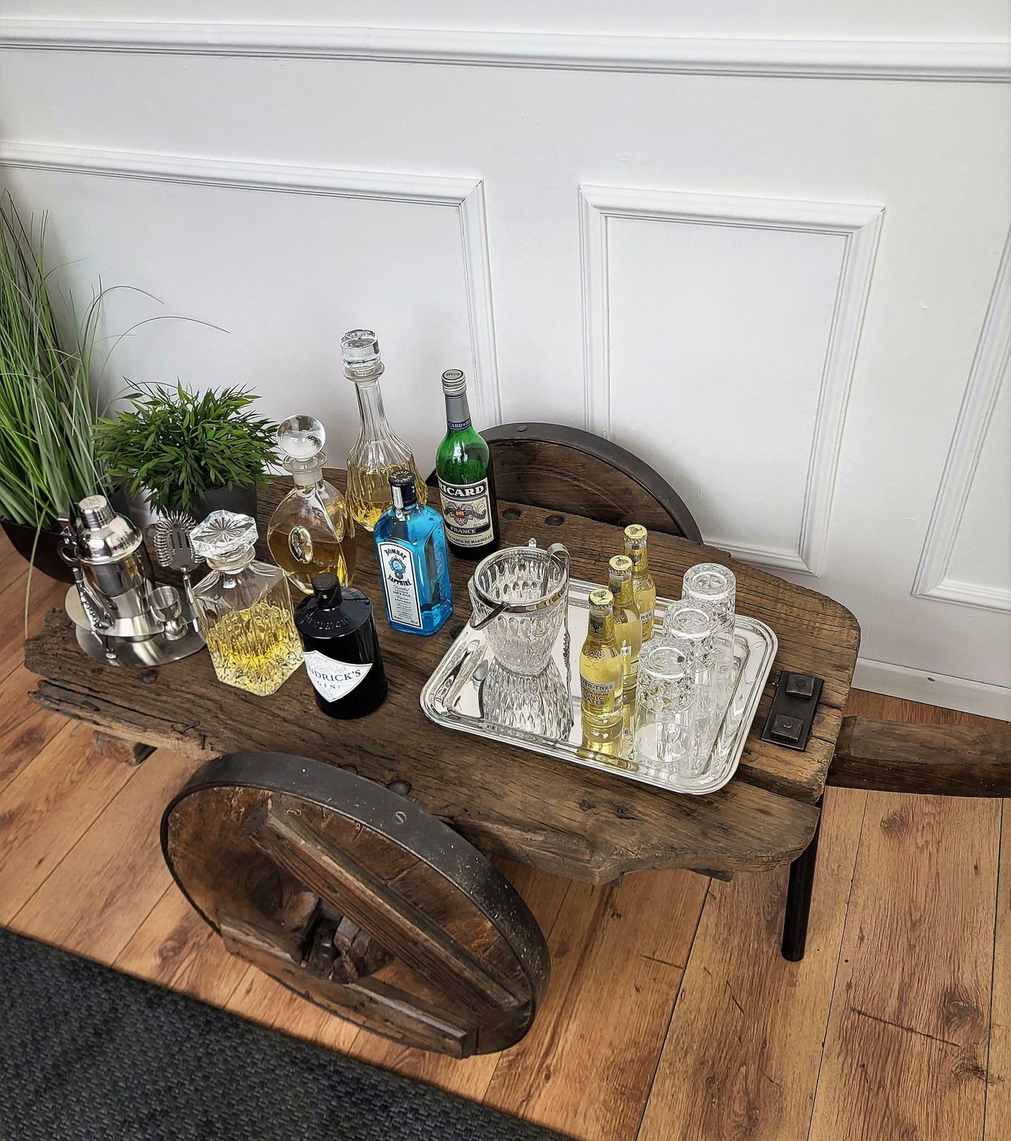 Primitive Rustic Minimal Italian Wrought Iron Wheels Wooden Cart Side Bar Table photo furniture