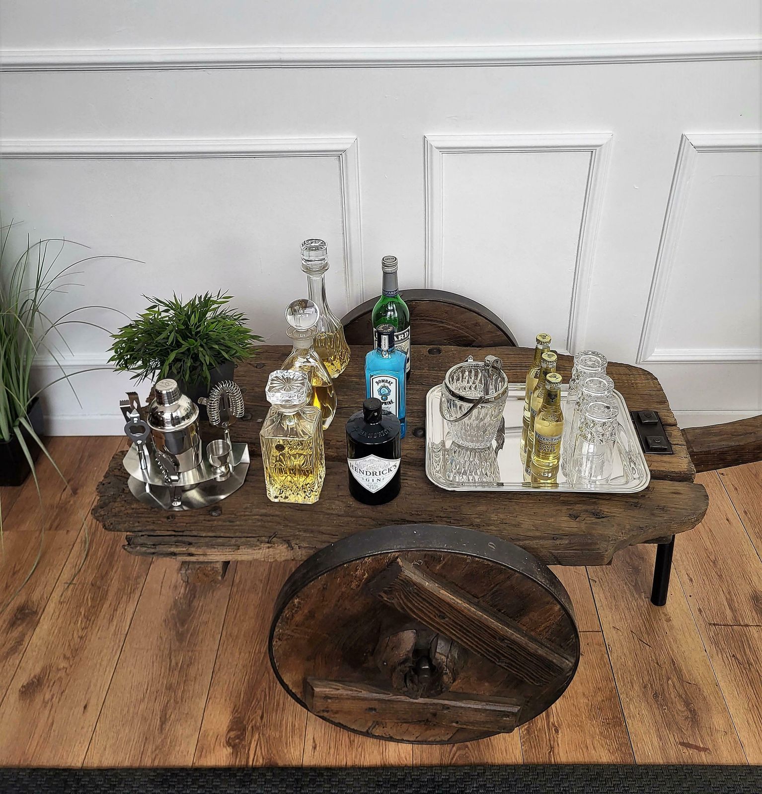 Primitive Rustic Minimal Italian Wrought Iron Wheels Wooden Cart Side Bar Table photo for sale
