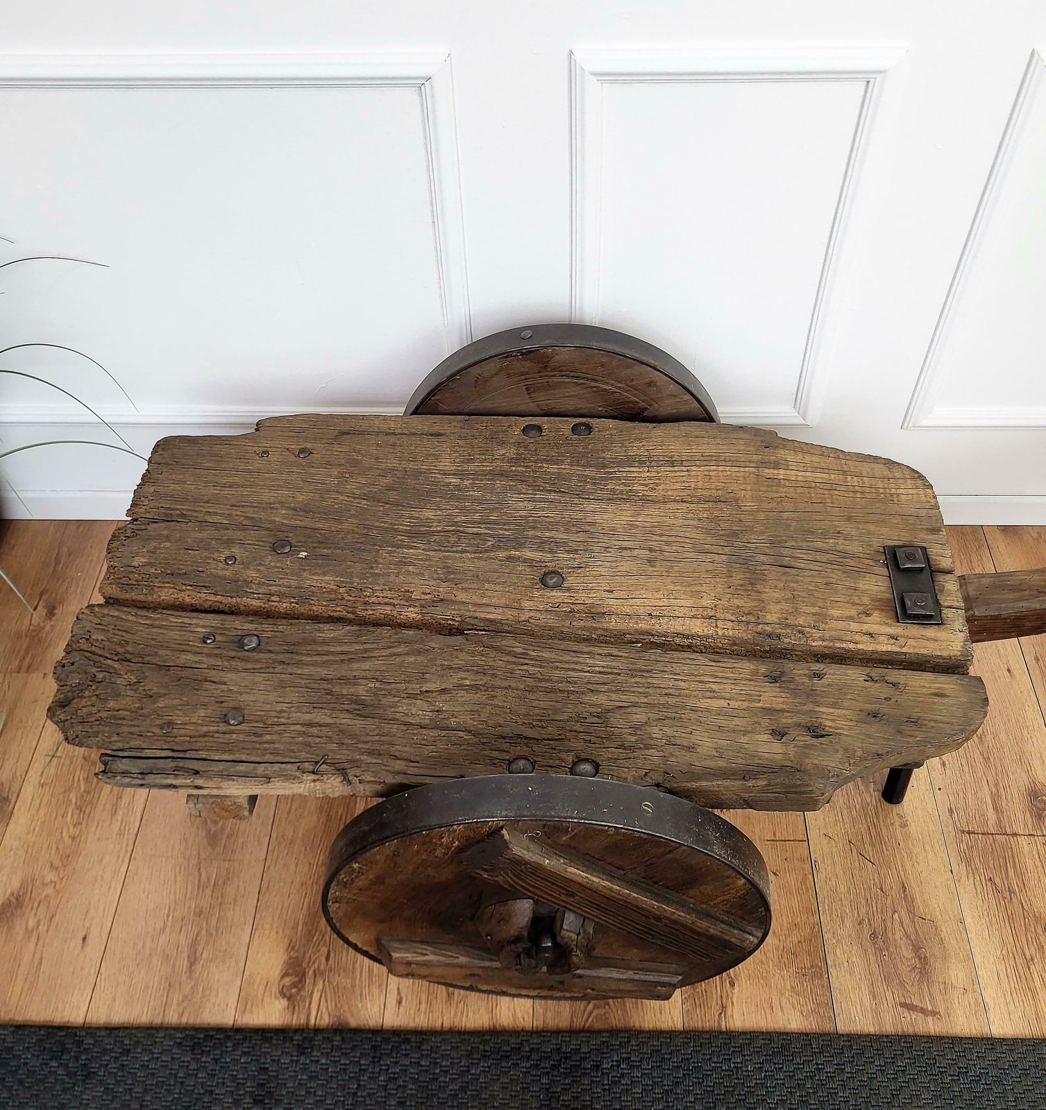 Primitive Rustic Minimal Italian Wrought Iron Wheels Wooden Cart Side Bar Table photo vintage