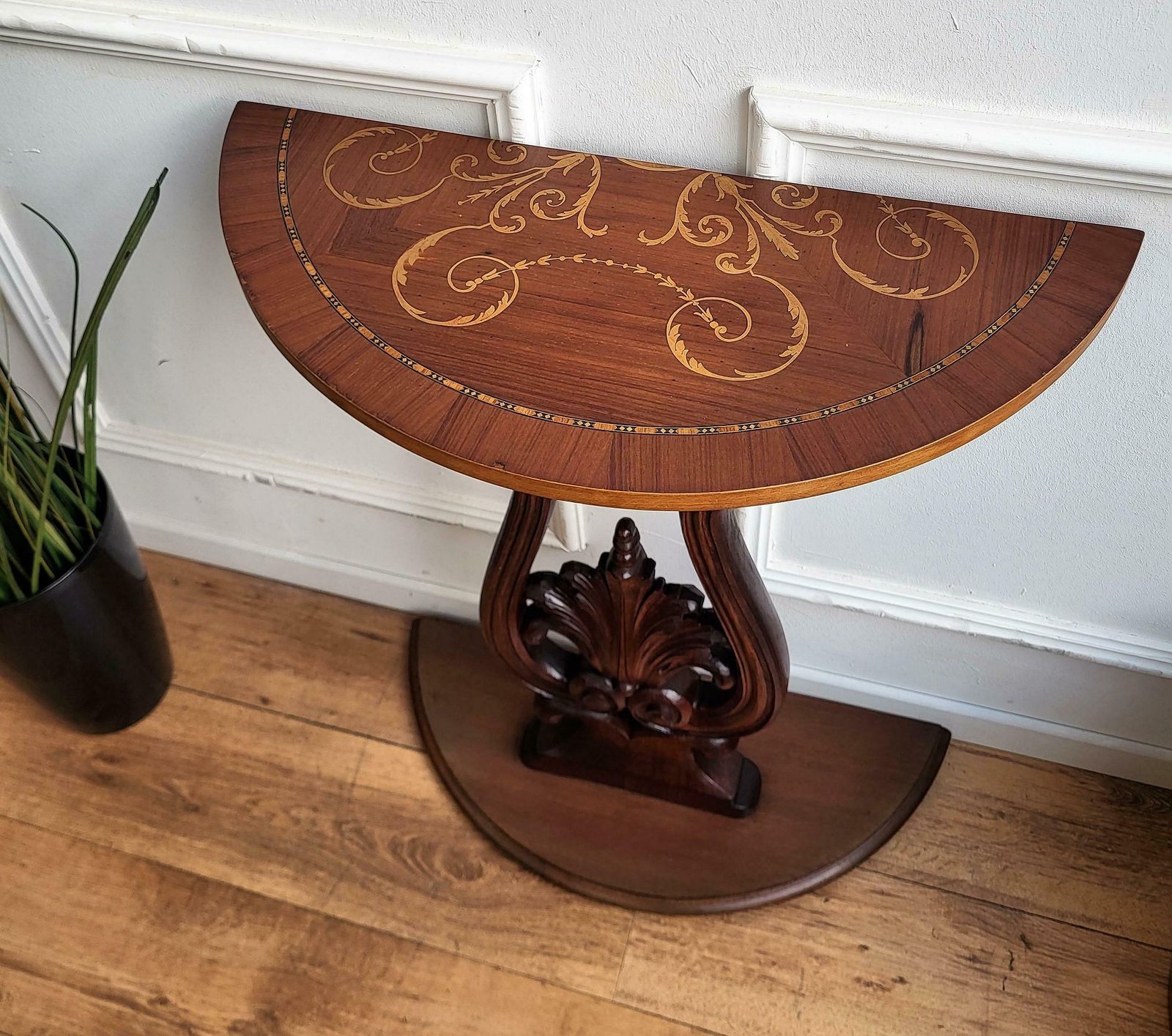 1960s Italian Wooden Carved Inlay Decor Demi Lune Console Side Table photo for sale