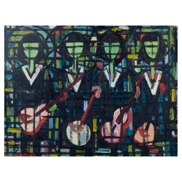 Scandinavian Painter Musicians Oil On Panel In Modernist Style 1970s