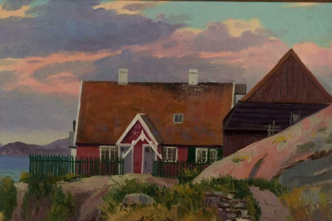 Emanuel Aage Petersen (1894 1948) Oil Painting On Canvas Greenlandic Village photo for sale