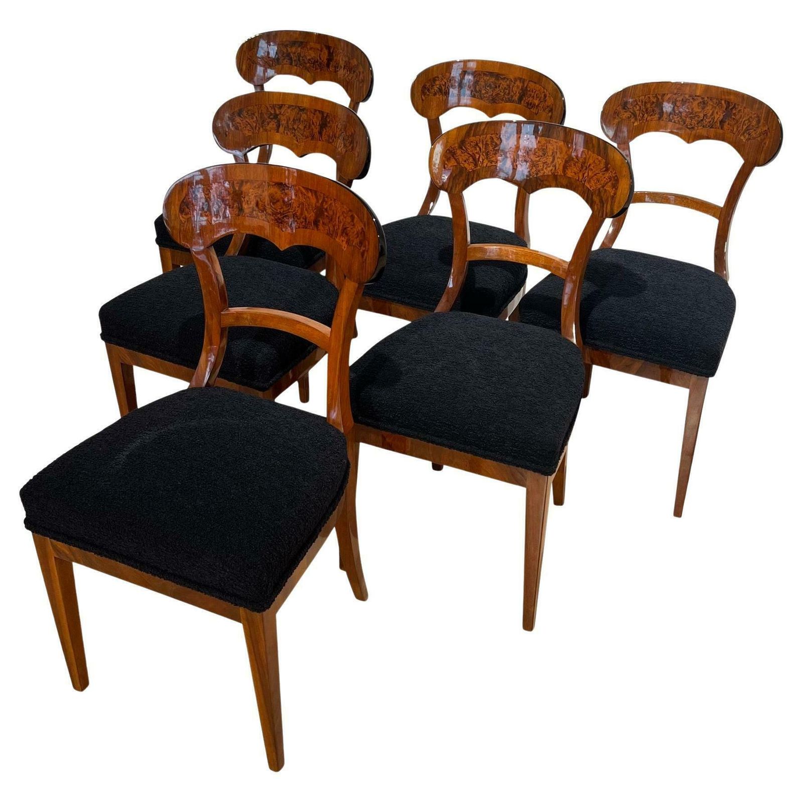 Set Of Six Biedermeier Shovel Chairs, Walnut, Roots Veneer, South Germany, 1840s